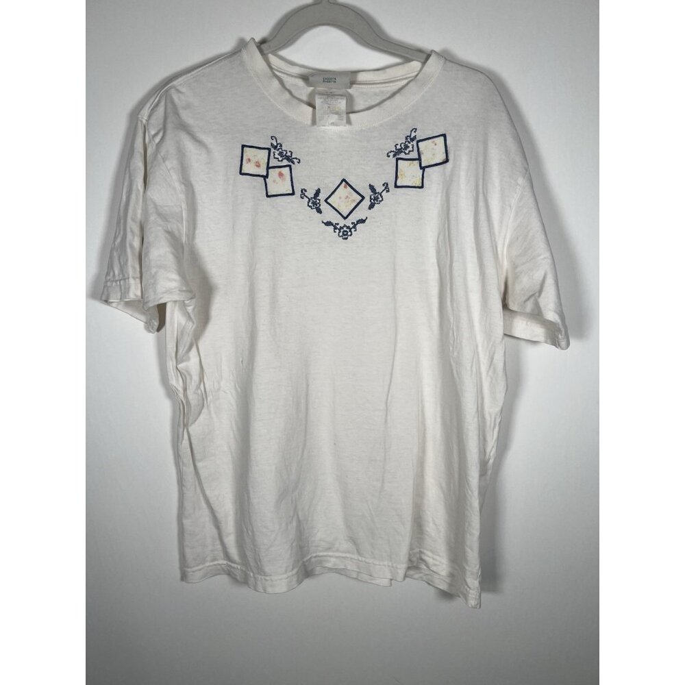 Vintage 90s Northern Reflections white needlepoint patchwork tshirt cottage L